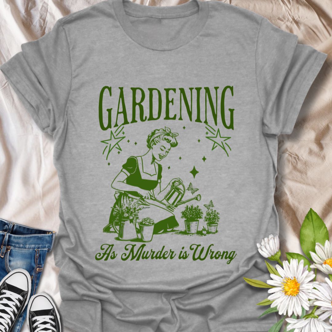 Dark humor gardening t-shirt with retro housewife design and “Gardening Because Murder is Wrong” text. Ideal for plant moms, gardeners, and those who love sarcastic garden humor.  Sport Grey