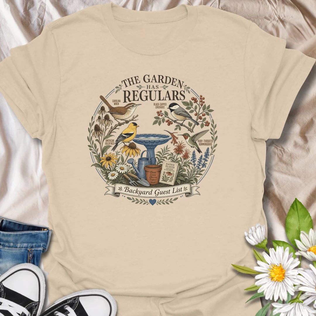 Backyard bird garden t-shirt featuring favorite garden visitors, native plants, birdbath, and pollinator-friendly garden charm.