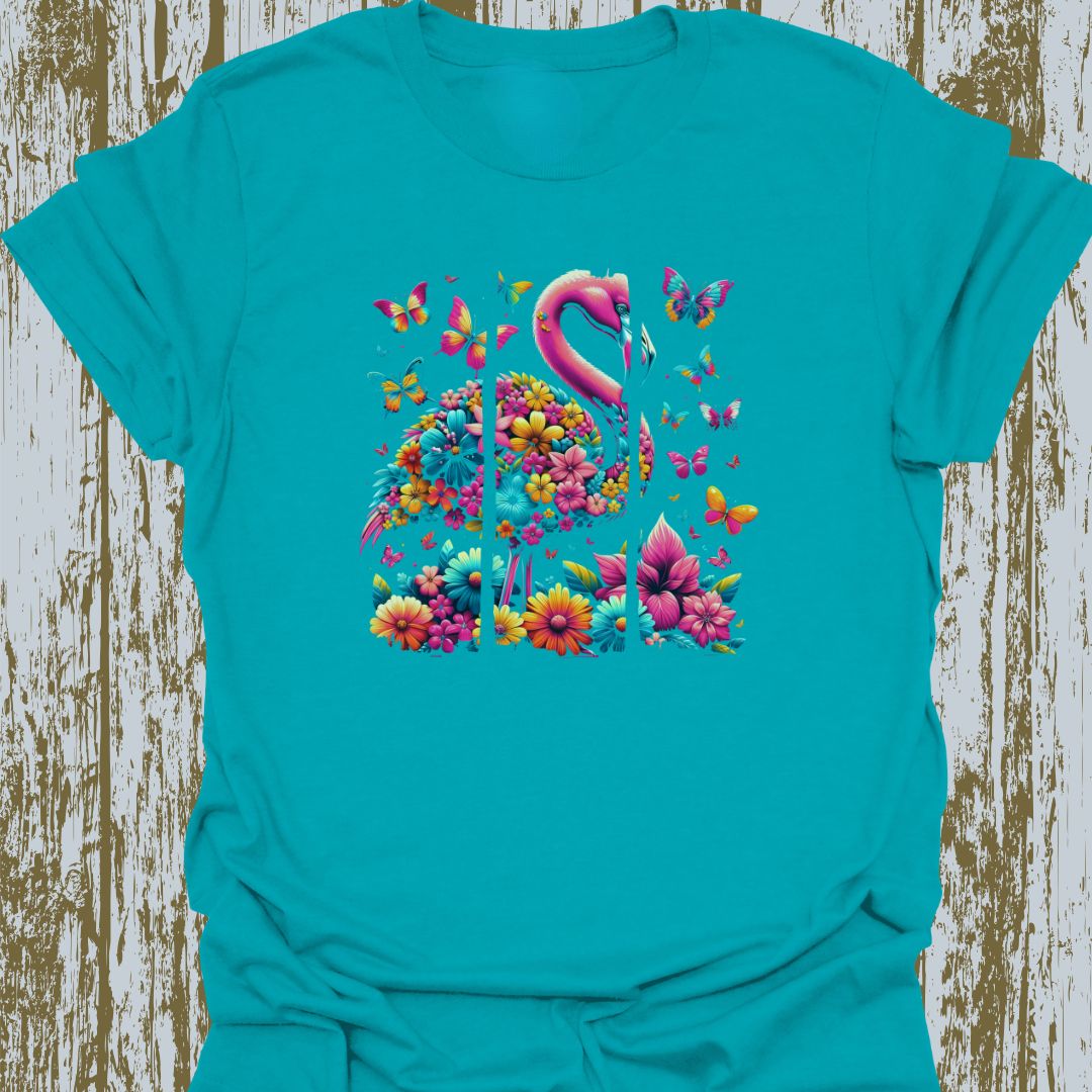 A design featuring flamingos, butterflies, and flowers in pink, yellow, and blue hues on tropical t-shirt.