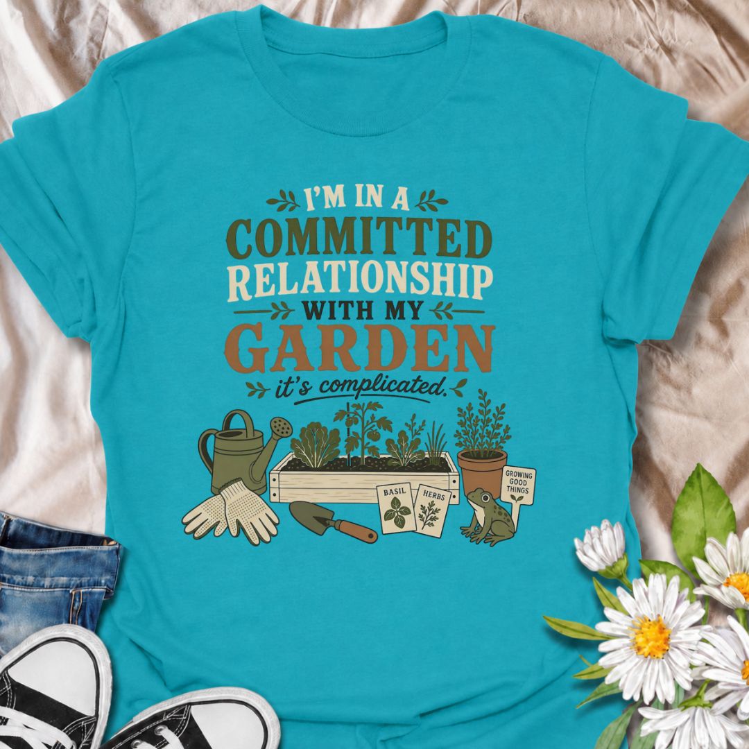 Celebrate your most dependable relationship with this funny gardening T-shirt. Featuring the phrase “I’m in a Committed Relationship With My Garden,” it is perfect for gardeners who would rather spend their time among plants, herbs, and raised beds. A charming gift for garden lovers, plant moms, and backyard growers.