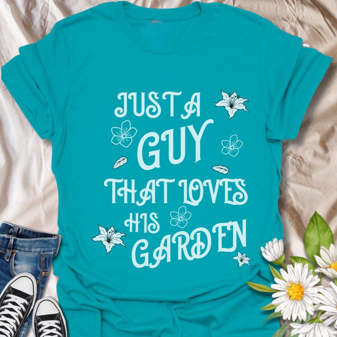 Celebrate gardening passion with this fun "Just A Guy That Loves His Garden" t-shirt. Featuring playful floral graphics and a bold statement, it's perfect for the green-thumbed guy who enjoys spending time in the garden.