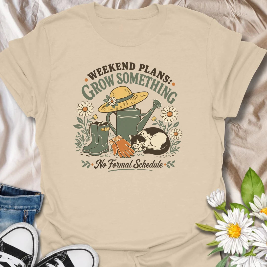 Weekend gardening t-shirt for slow garden days, flowers, watering cans, garden gloves, and growing something with no formal schedule