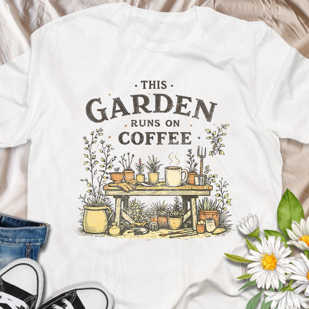 Celebrate your caffeine-fueled gardening sessions with this “This Garden Runs On Coffee” t-shirt. Featuring a cozy potting bench, steaming mug, and garden tools, it’s the perfect funny gift for coffee-loving gardeners, plant moms, and allotment addicts.