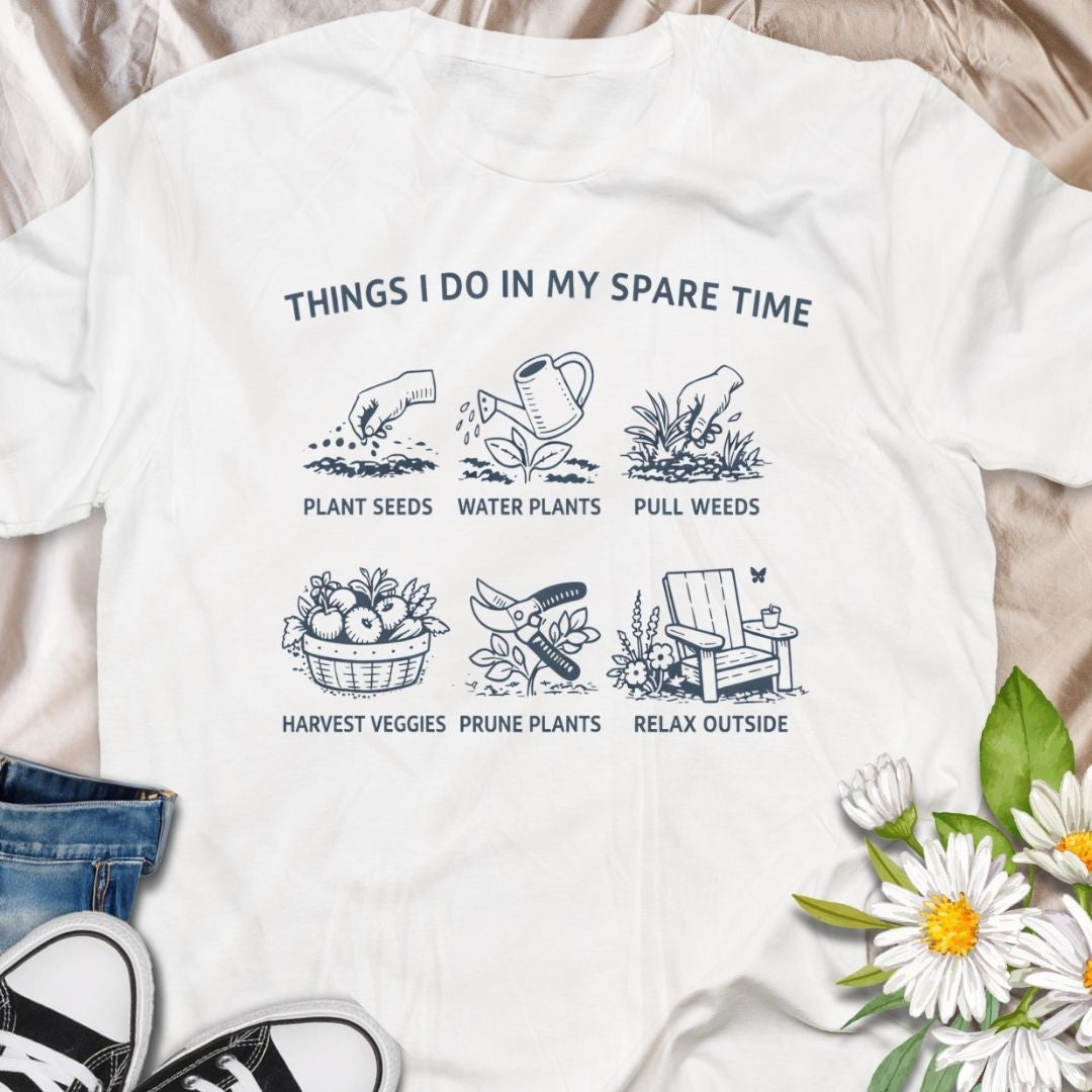 Show off your true weekend routine with this “Things I Do In My Spare Time” gardening t-shirt featuring plant seeds, water plants, pull weeds, harvest veggies, prune plants and relax outside. A fun gardener gift for allotment lovers, backyard growers and plant parents who happily spend every spare moment in the garden.