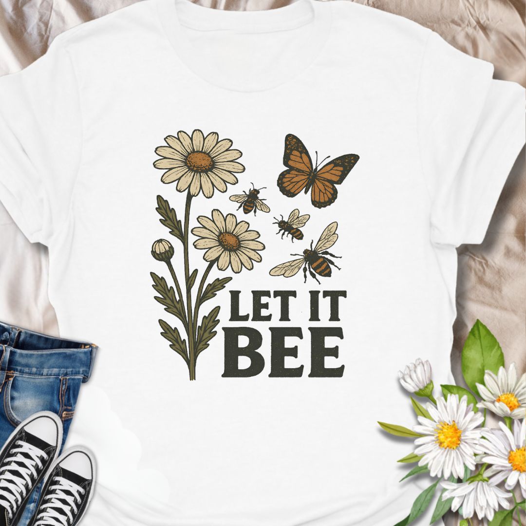 Spread a positive eco-friendly message with this charming graphic t-shirt featuring daisies, bees, a butterfly, and the playful phrase "Let It Bee." Perfect for pollinator supporters, nature lovers, and anyone who enjoys whimsical botanical-themed apparel.