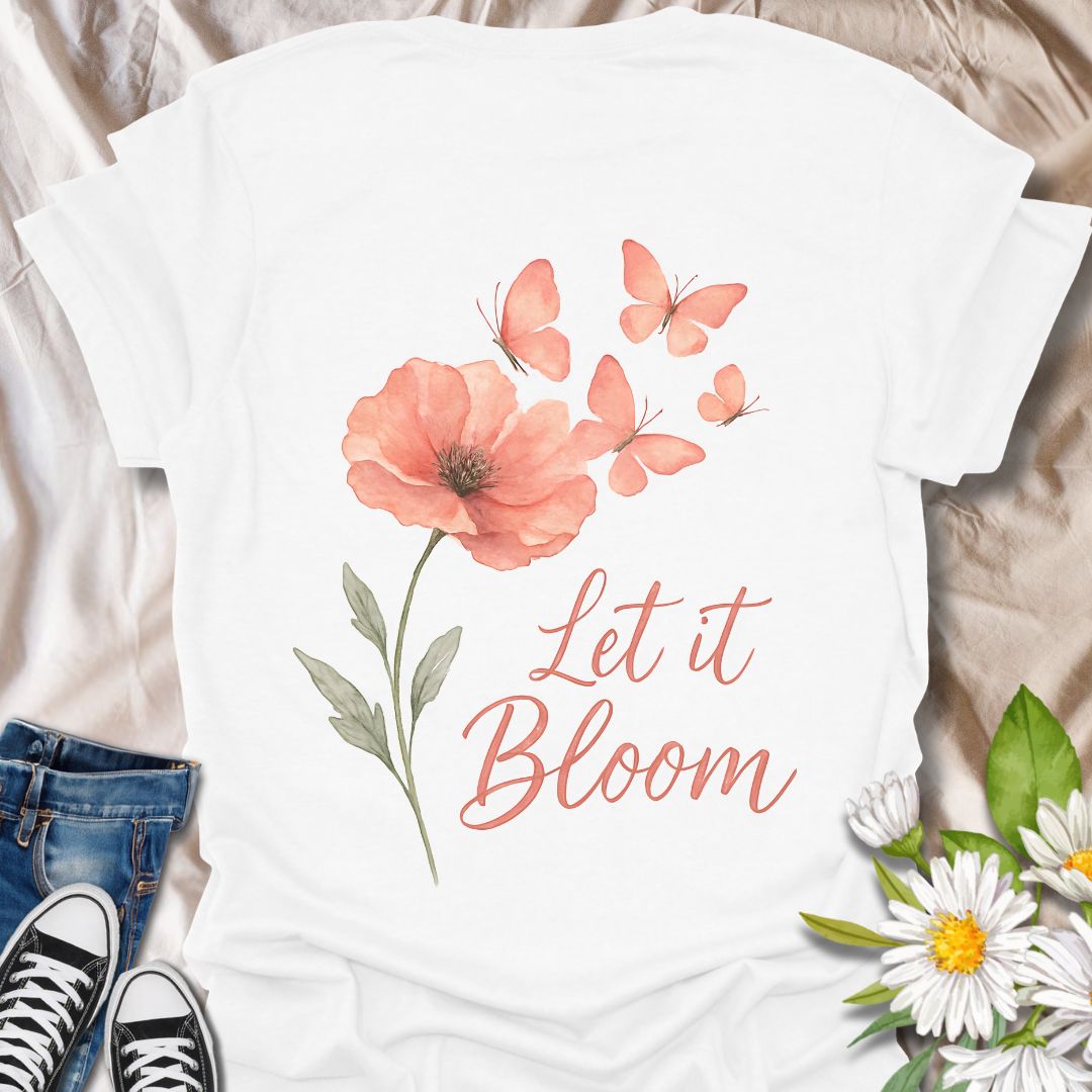 Delicate watercolor-style coral poppy with butterflies and elegant “Let It Bloom” quote. A soft, floral design celebrating growth, transformation, and positivity—perfect for garden lovers, free spirits, and those embracing inner peace and change.