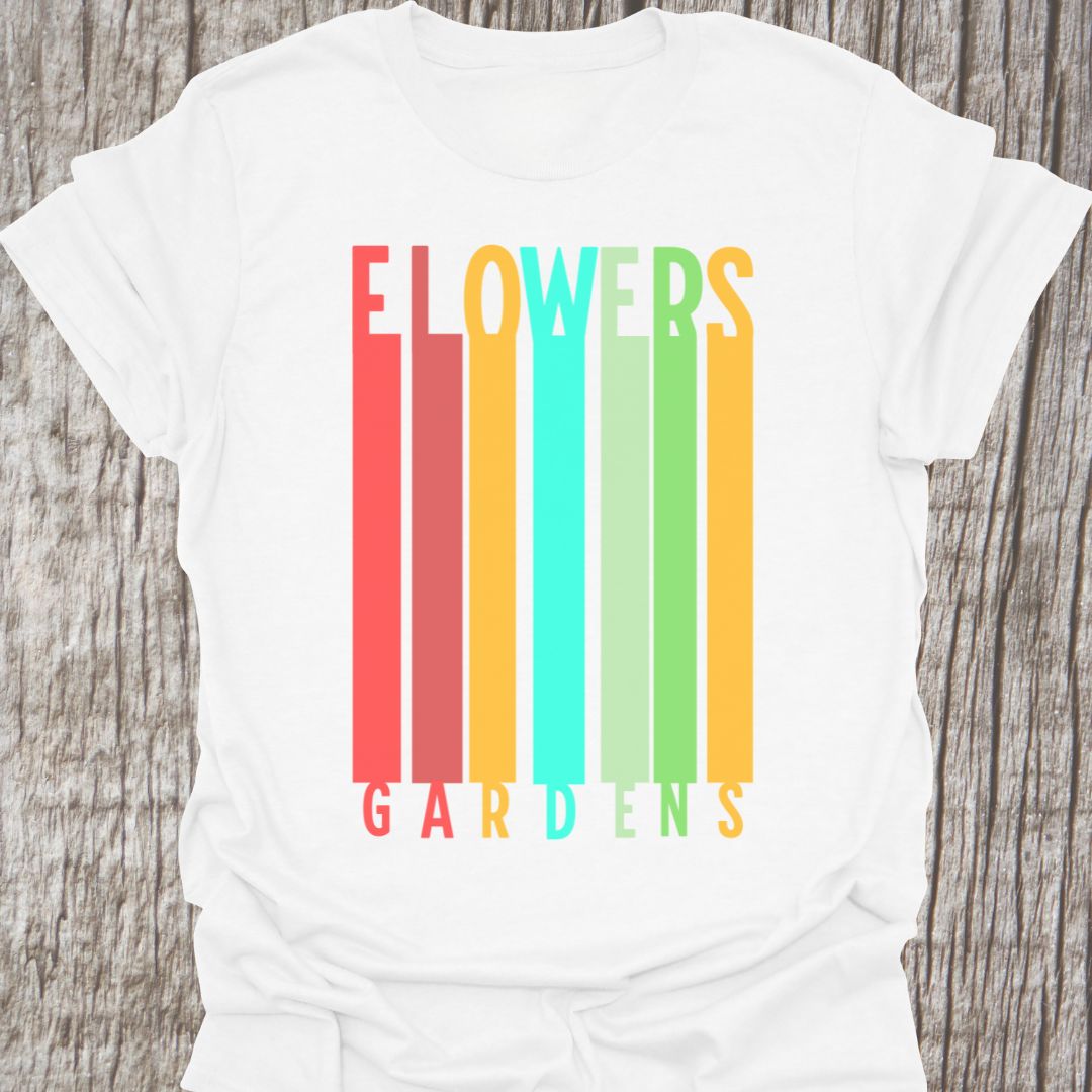 Color blocks white t-shirt with text saying gardens and flowers in matching colors.
