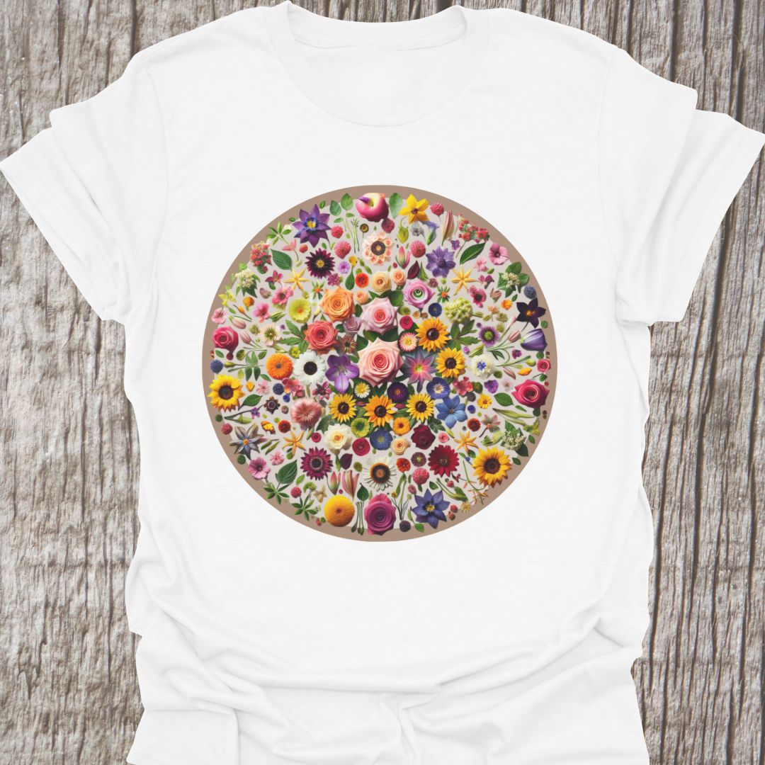 Circle of flowers t-shirt on a white background with multi-colored flowers.
