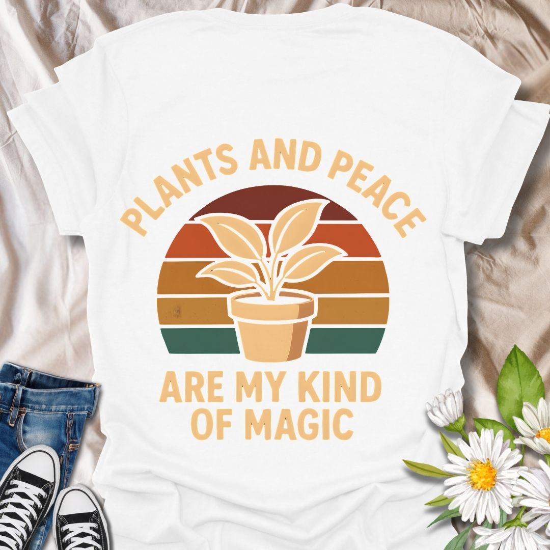 Retro-inspired “Plants and Peace Are My Kind of Magic” t-shirt for plant lovers and peace seekers. Featuring a potted plant with vintage sunset stripes, this design blends boho style with mindfulness—perfect for gardeners, plant parents, and earthy souls.