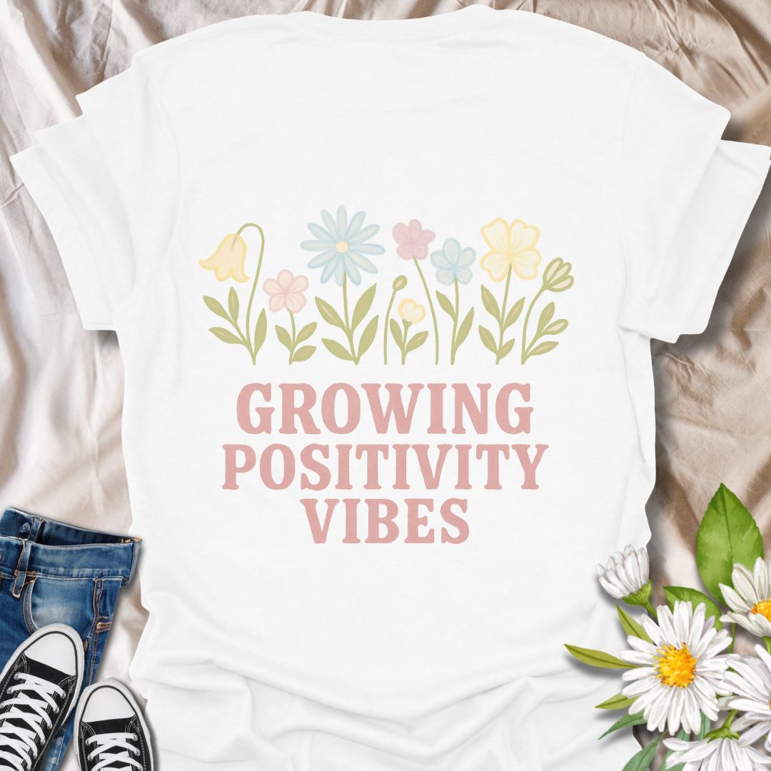 Radiate good energy with this “Growing Positivity Vibes” t-shirt featuring pastel wildflowers on a white tee. A perfect uplifting gift for plant lovers, garden enthusiasts, and anyone who embraces a cheerful, kind-hearted lifestyle.