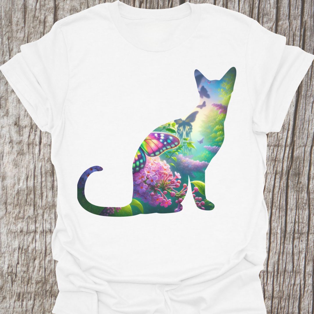 Mystical Cat design with flowers, water, trees and butterflies in cat silhouette, on a white t-shirt