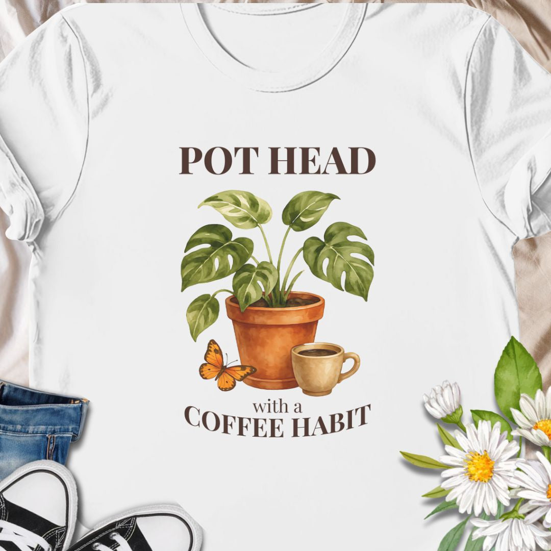 Funny houseplant and coffee themed teem, with the cheeky line 'Pot Head with a Coffee Habit' design for plant lovers and caffeine fans.