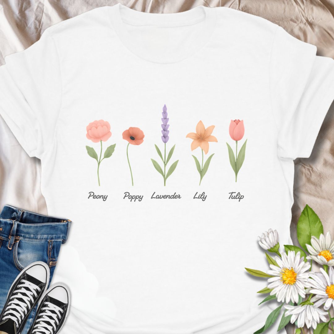 Celebrate your love for nature with this elegant floral t-shirt featuring labeled illustrations of five favorite flowers: Peony, Poppy, Lavender, Lily, and Tulip. Perfect for plant lovers, garden enthusiasts, and flower fans alike, this botanical tee adds a fresh, feminine touch to your wardrobe and makes a charming gift for gardeners and wildflower lovers.