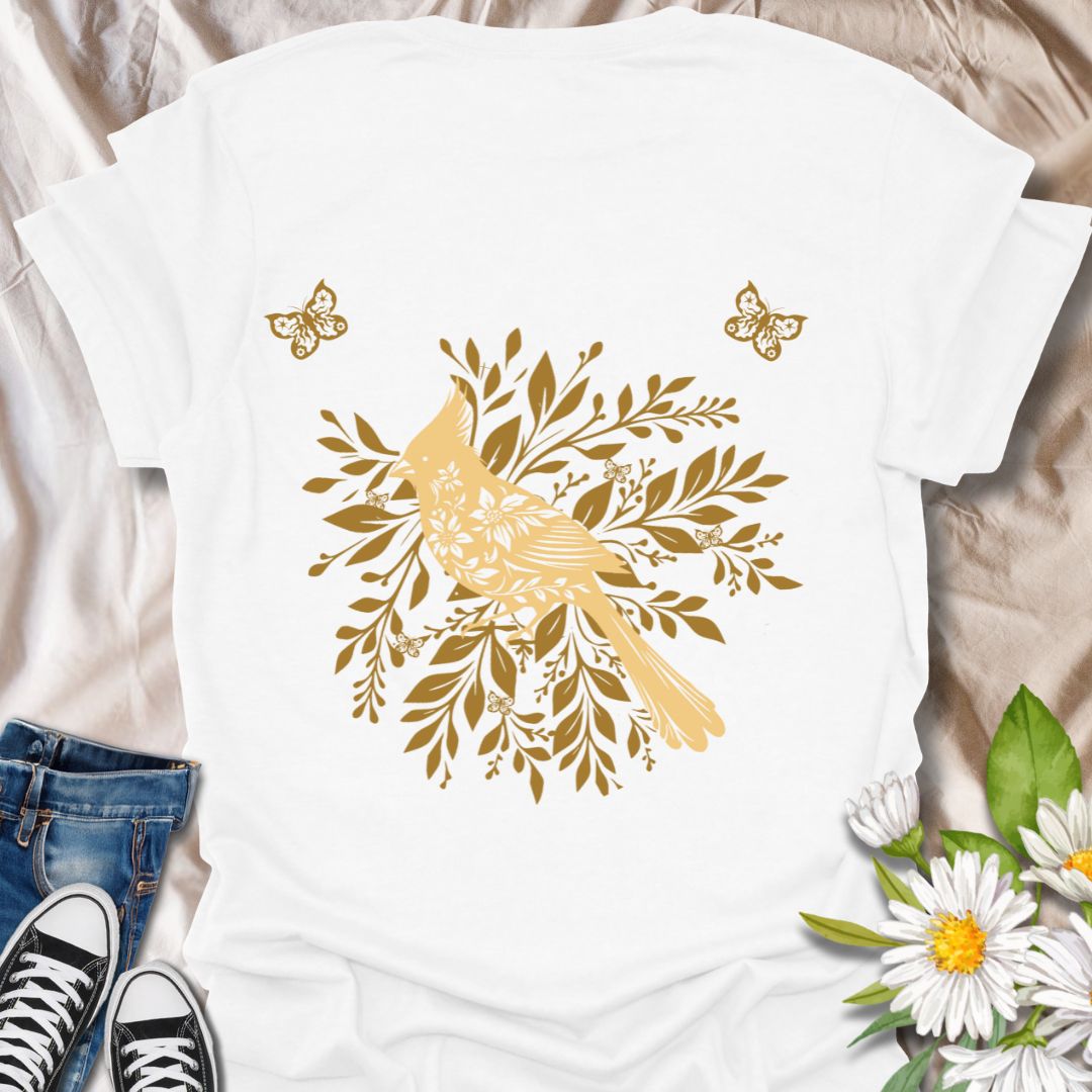 Charming bird and foliage t-shirt featuring a golden bird perched among stencil design botanical leaves. Perfect for bird lovers, nature fans, and botanical art enthusiasts. White