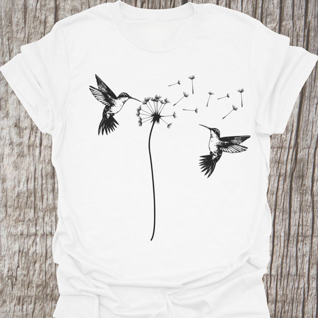 Two humming birds hovering at Dandelion in black on white t-shirt