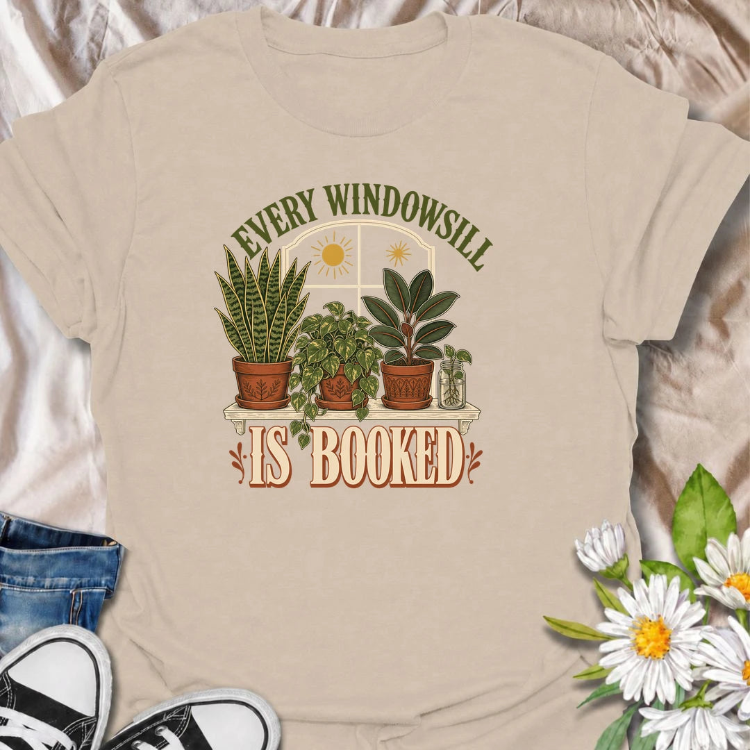 Funny houseplant T-shirt for collectors who have filled every sunny windowsill with plants and still want more. Featuring a vintage window scene with snake plant, pothos, rubber plant and propagation jar, this design is ideal for indoor gardeners and houseplant-filled homes.