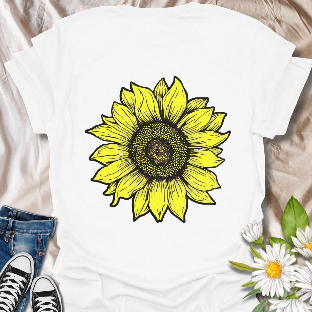 Bold vintage sunflower illustration t-shirt featuring a hand-drawn detailed floral design. Perfect for gardeners, nature lovers, plant moms, and flower enthusiasts. Bright, cheerful sunflower shirt for summer, casual wear, or thoughtful gifting.