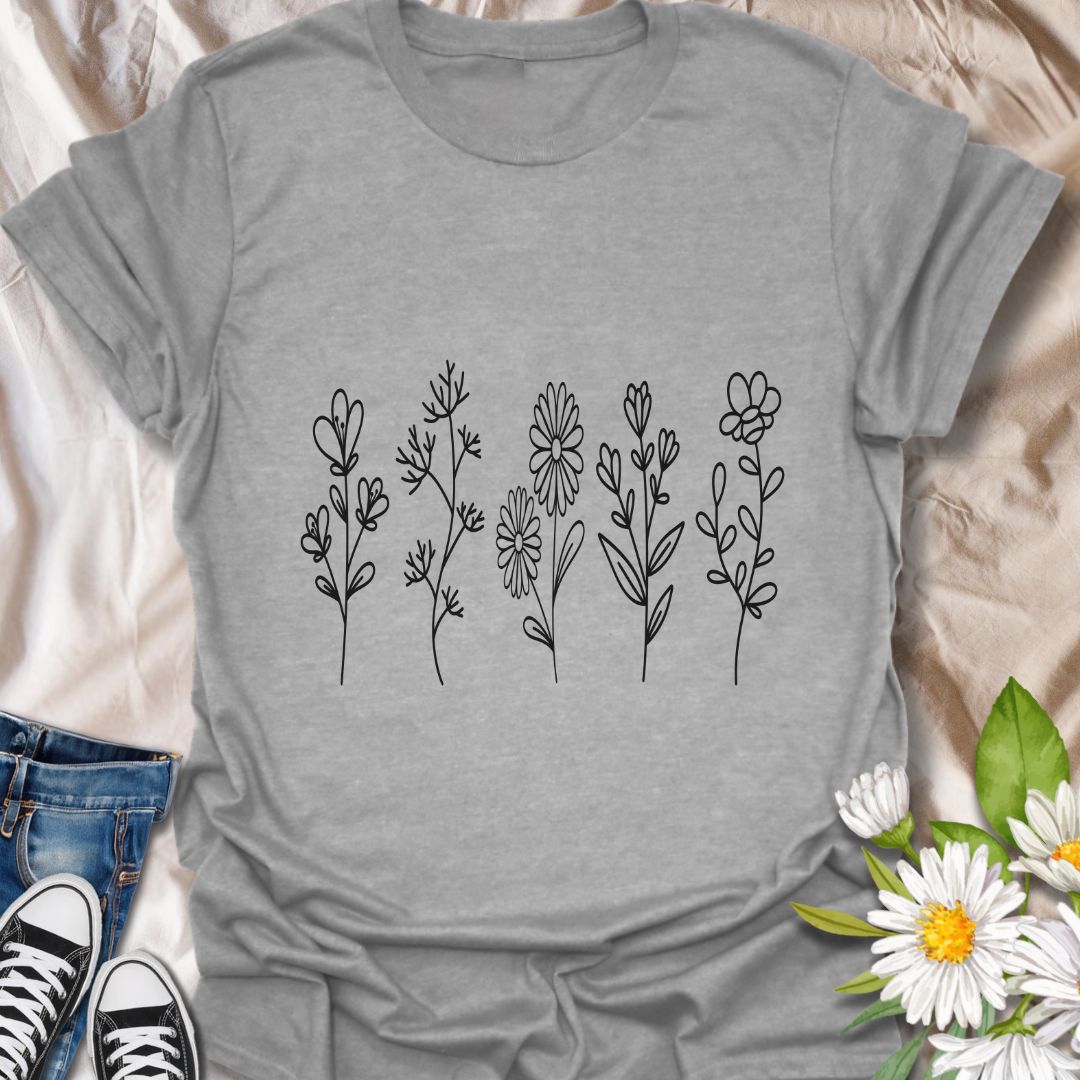 Simple wildflower line art t-shirt with delicate hand-drawn floral stems. Perfect for plant lovers, nature enthusiasts, gardeners, and fans of minimalist botanical design. A subtle, modern floral tee ideal for everyday wear and gifting.