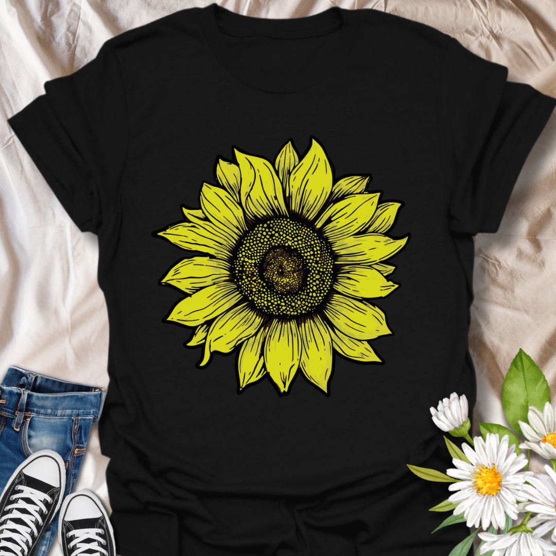 Bold vintage sunflower illustration t-shirt featuring a hand-drawn detailed floral design. Perfect for gardeners, nature lovers, plant moms, and flower enthusiasts. Bright, cheerful sunflower shirt for summer, casual wear, or thoughtful gifting.