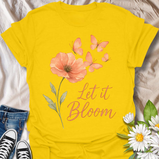Delicate watercolor-style coral poppy with butterflies and elegant “Let It Bloom” quote. A soft, floral design celebrating growth, transformation, and positivity—perfect for garden lovers, free spirits, and those embracing inner peace and change.