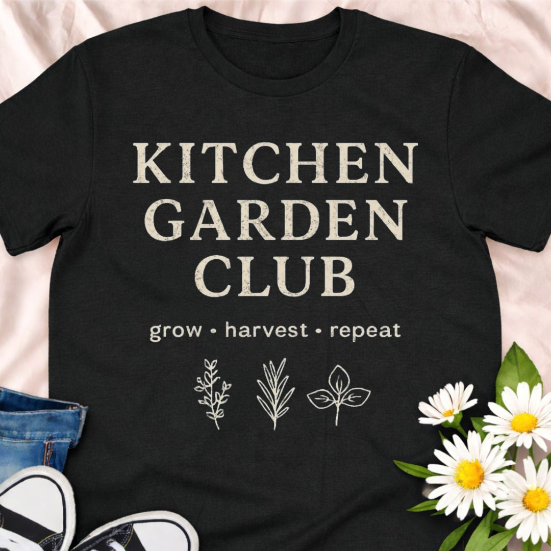 “Kitchen Garden Club – Grow • Harvest • Repeat” t-shirt for home growers and vegetable gardeners. A rustic botanical graphic tee perfect for herb lovers, backyard gardeners, and garden-to-table enthusiasts.