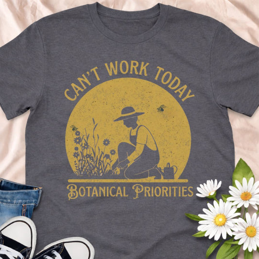 Can’t work today… botanical priorities. This vintage-style gardener shirt features a charming garden silhouette design perfect for plant lovers and hobby gardeners. A soft unisex tee that makes a fun gift for gardeners, flower lovers, and anyone who would rather be outside in the garden.