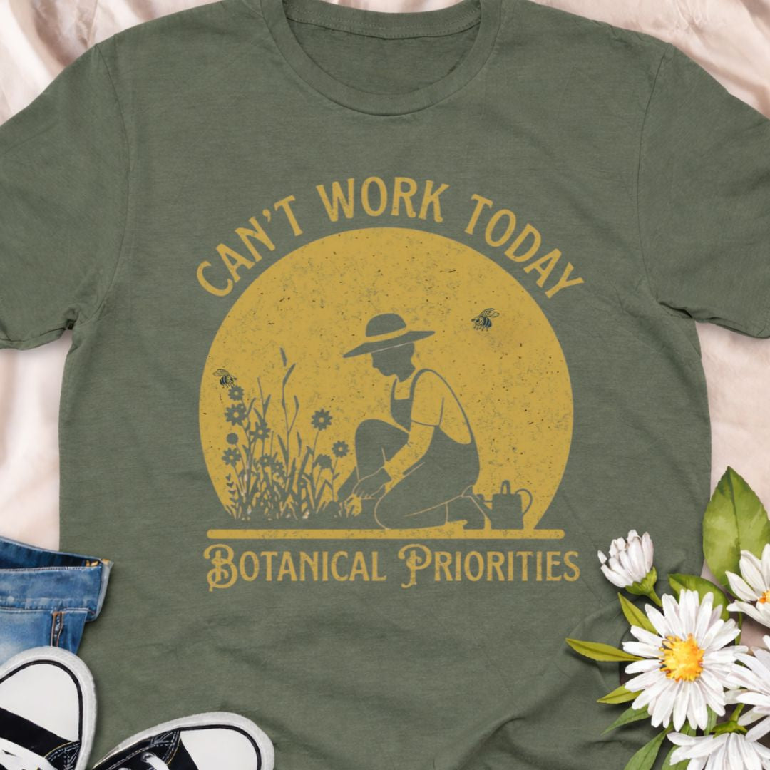 Can’t work today… botanical priorities. This vintage-style gardener shirt features a charming garden silhouette design perfect for plant lovers and hobby gardeners. A soft unisex tee that makes a fun gift for gardeners, flower lovers, and anyone who would rather be outside in the garden.