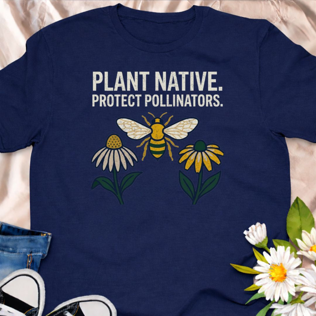 Plant native. Protect pollinators. This bee and wildflower shirt celebrates sustainable gardening and supporting butterflies and bees. Perfect for native plant lovers, pollinator gardeners, and eco-conscious plant enthusiasts. A thoughtful gift for gardeners who care about wildlife.