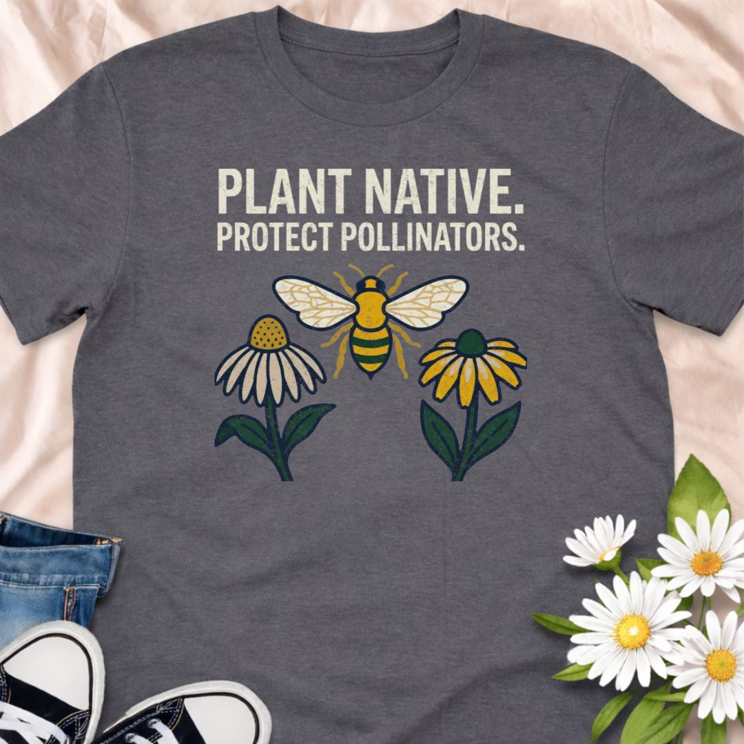 Plant native. Protect pollinators. This bee and wildflower shirt celebrates sustainable gardening and supporting butterflies and bees. Perfect for native plant lovers, pollinator gardeners, and eco-conscious plant enthusiasts. A thoughtful gift for gardeners who care about wildlife.
