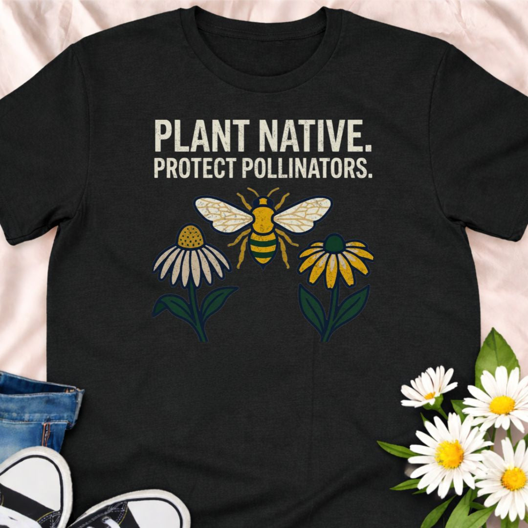 Plant native. Protect pollinators. This bee and wildflower shirt celebrates sustainable gardening and supporting butterflies and bees. Perfect for native plant lovers, pollinator gardeners, and eco-conscious plant enthusiasts. A thoughtful gift for gardeners who care about wildlife.