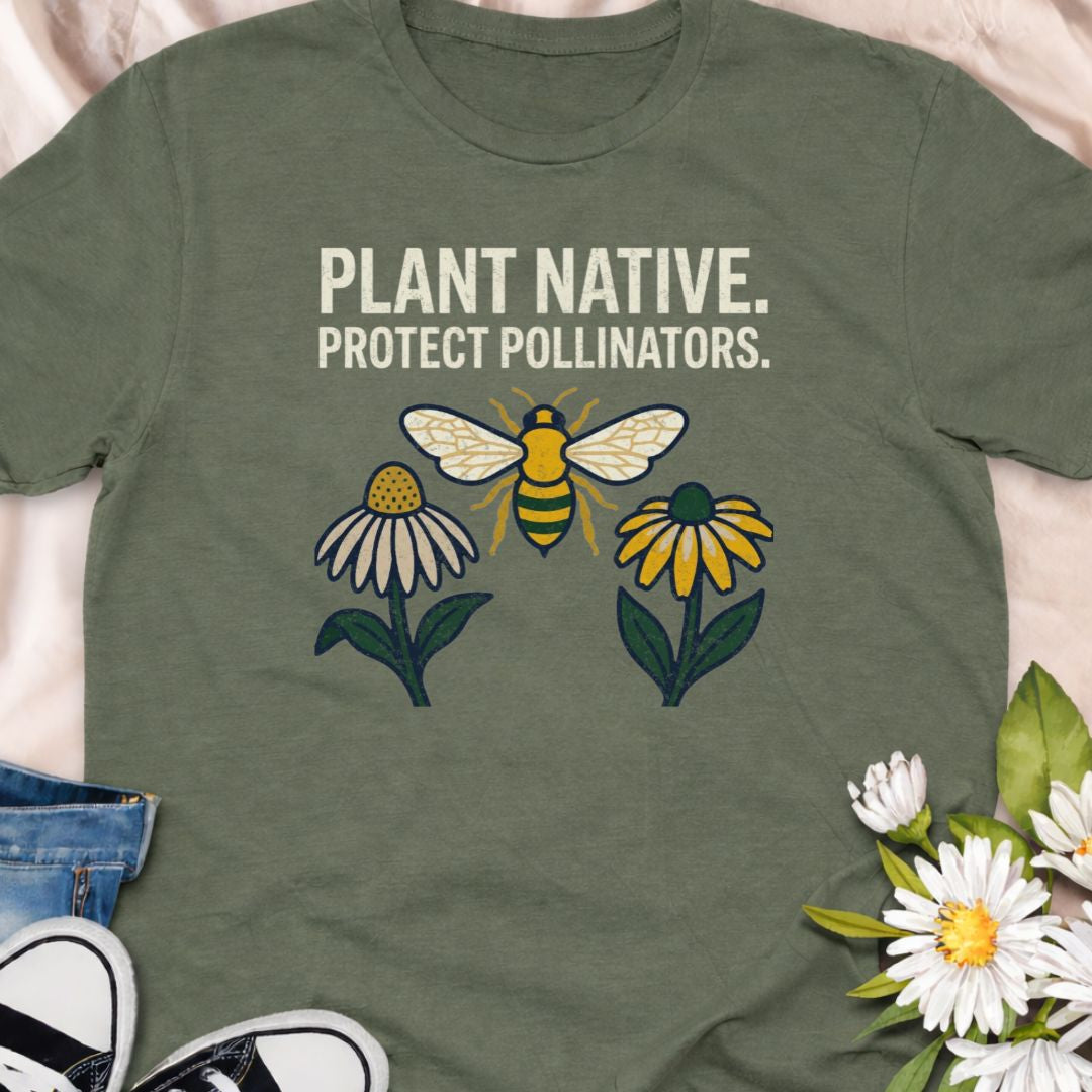 Plant native. Protect pollinators. This bee and wildflower shirt celebrates sustainable gardening and supporting butterflies and bees. Perfect for native plant lovers, pollinator gardeners, and eco-conscious plant enthusiasts. A thoughtful gift for gardeners who care about wildlife.
