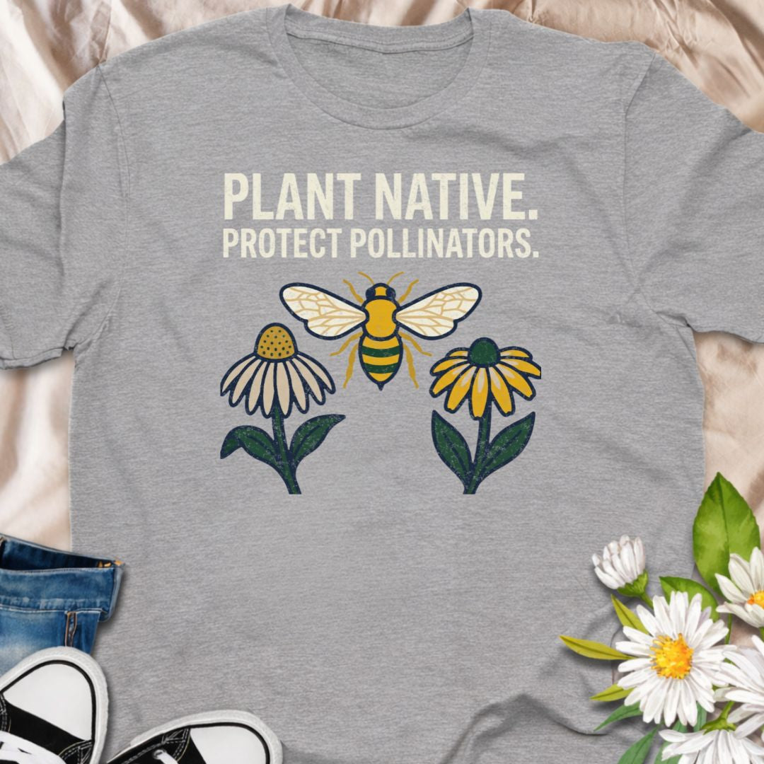 Plant native. Protect pollinators. This bee and wildflower shirt celebrates sustainable gardening and supporting butterflies and bees. Perfect for native plant lovers, pollinator gardeners, and eco-conscious plant enthusiasts. A thoughtful gift for gardeners who care about wildlife.