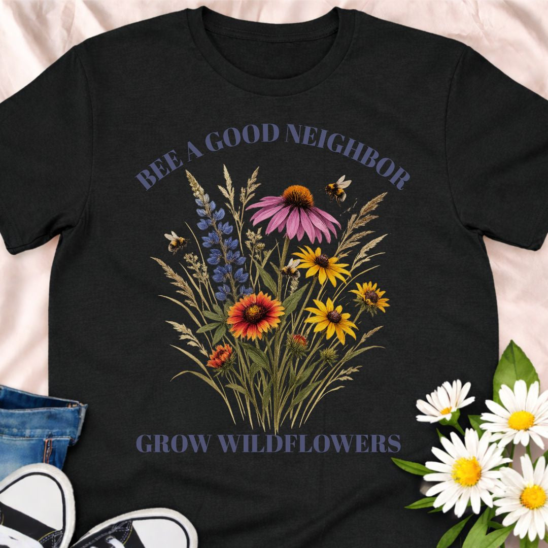 Encourage pollinators and plant with purpose in this “Bee a Good Neighbor – Grow Wildflowers” t-shirt. A beautiful wildflower and bee design perfect for gardeners, pollinator lovers, and native plant enthusiasts.