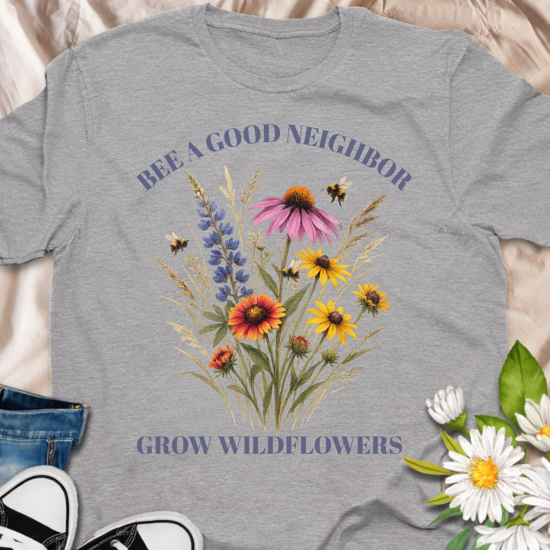 Encourage pollinators and plant with purpose in this “Bee a Good Neighbor – Grow Wildflowers” t-shirt. A beautiful wildflower and bee design perfect for gardeners, pollinator lovers, and native plant enthusiasts.