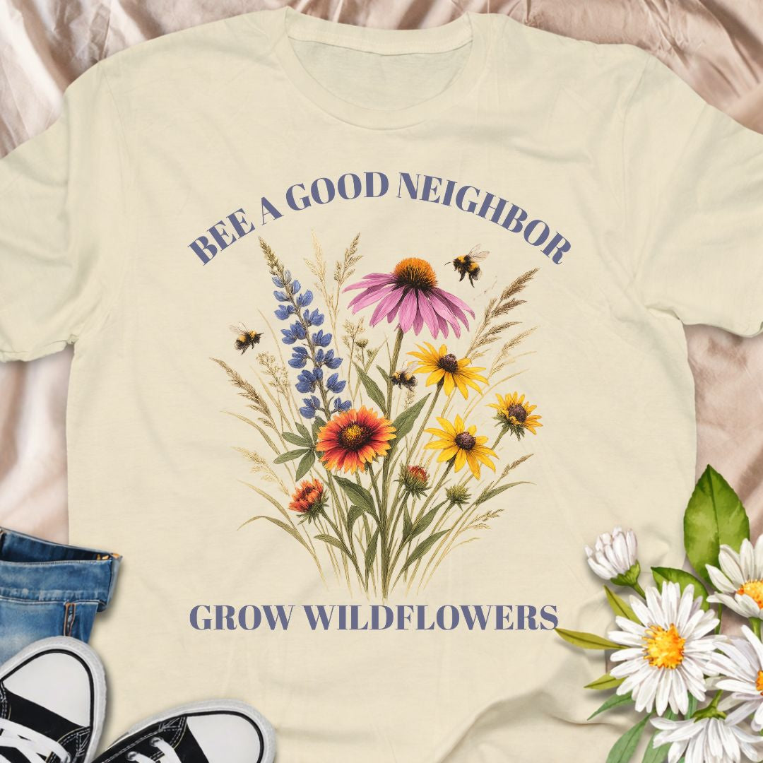 Encourage pollinators and plant with purpose in this “Bee a Good Neighbor – Grow Wildflowers” t-shirt. A beautiful wildflower and bee design perfect for gardeners, pollinator lovers, and native plant enthusiasts.