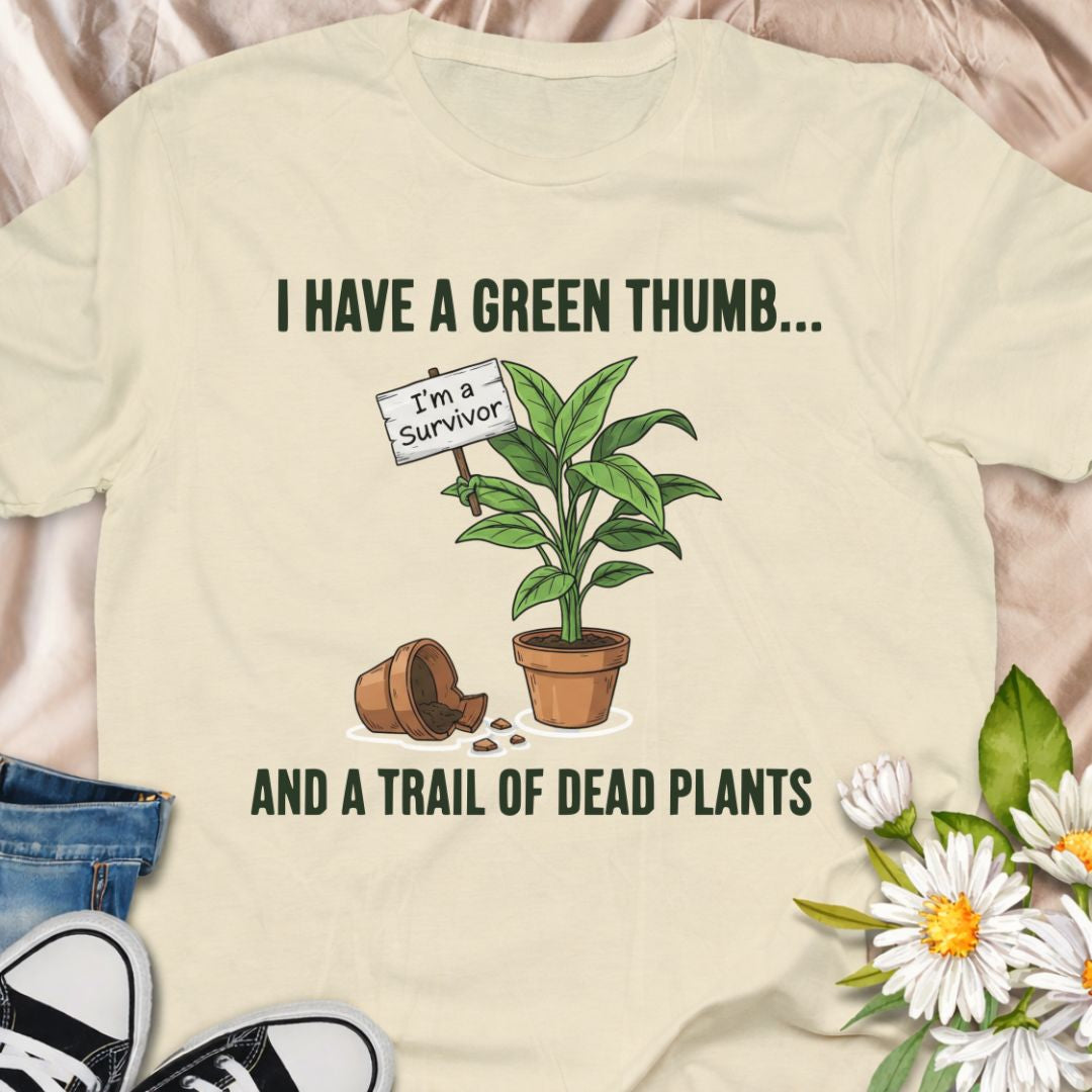 Show off your relatable plant parent humor with this “I Have a Green Thumb… and a Trail of Dead Plants” t-shirt. A funny gardening shirt for plant lovers, houseplant collectors, and anyone who’s learning as they grow.