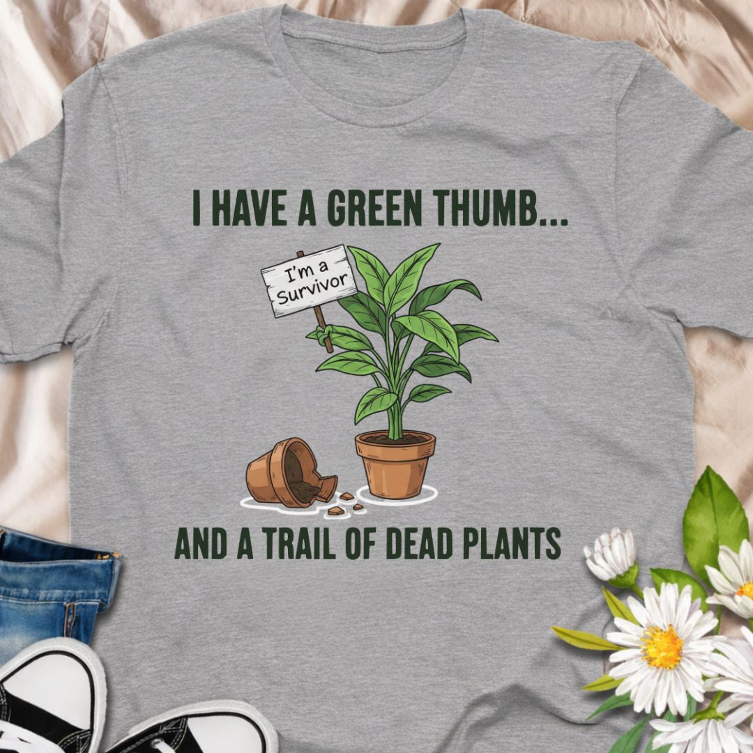 Show off your relatable plant parent humor with this “I Have a Green Thumb… and a Trail of Dead Plants” t-shirt. A funny gardening shirt for plant lovers, houseplant collectors, and anyone who’s learning as they grow.