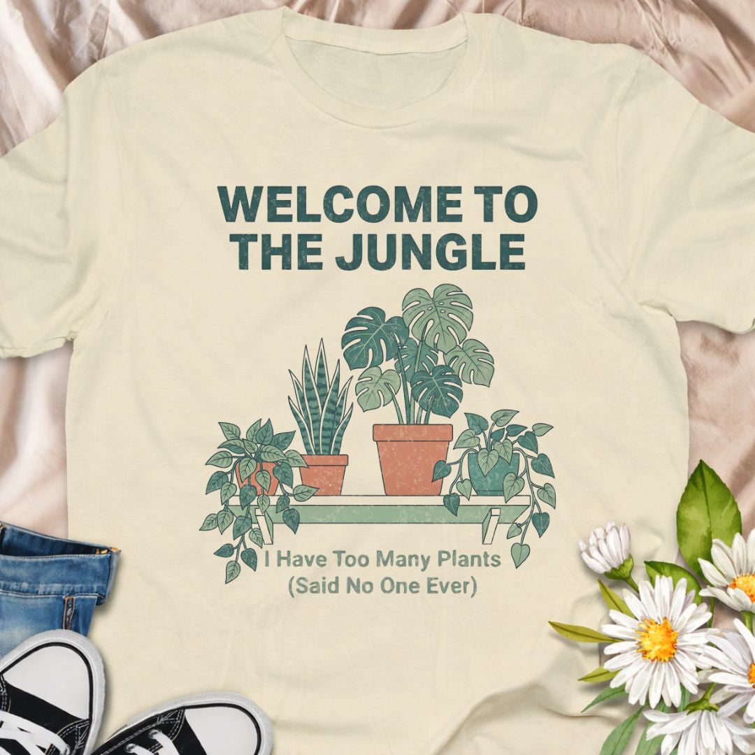 Turn your home into a jungle and wear it proudly. This “Welcome to the Jungle – I Have Too Many Plants (Said No One Ever)” t-shirt is perfect for indoor plant lovers, houseplant collectors, and anyone whose home is filled with monstera, snake plants, and trailing vines. A fun and relatable gift for plant moms, plant dads, and proud plant addicts.