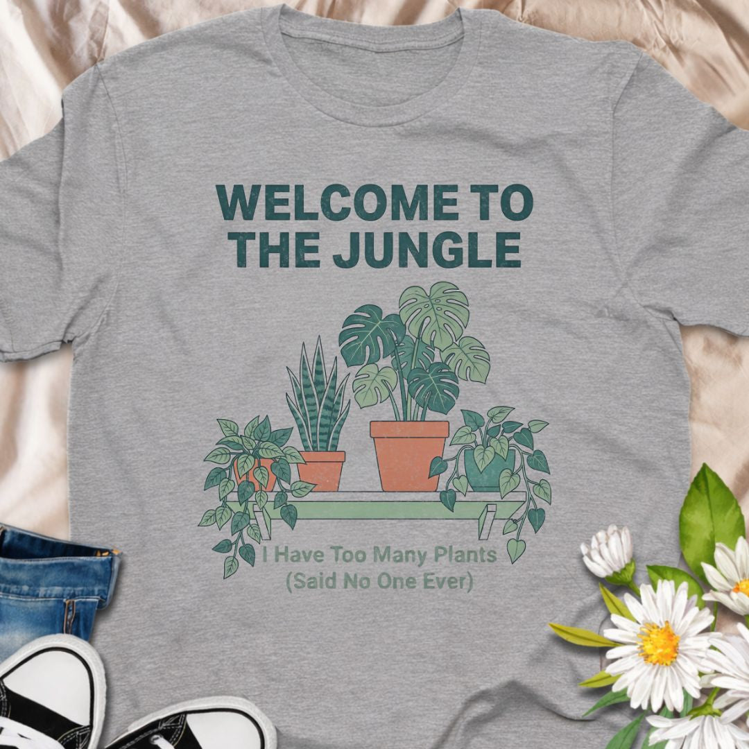 Turn your home into a jungle and wear it proudly. This “Welcome to the Jungle – I Have Too Many Plants (Said No One Ever)” t-shirt is perfect for indoor plant lovers, houseplant collectors, and anyone whose home is filled with monstera, snake plants, and trailing vines. A fun and relatable gift for plant moms, plant dads, and proud plant addicts.