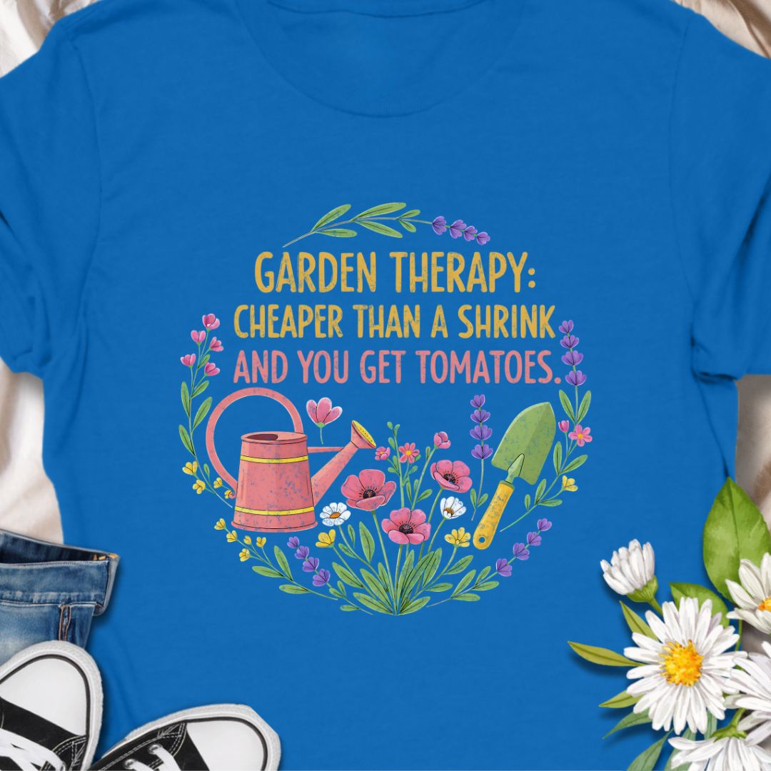 Garden therapy is cheaper than a shrink… and you get tomatoes. This funny gardening t-shirt is perfect for vegetable gardeners, flower lovers, and anyone who finds peace, therapy, and joy in the garden. A great gift for plant moms, green thumbs, and backyard growers who know that gardening really is the best self-care.