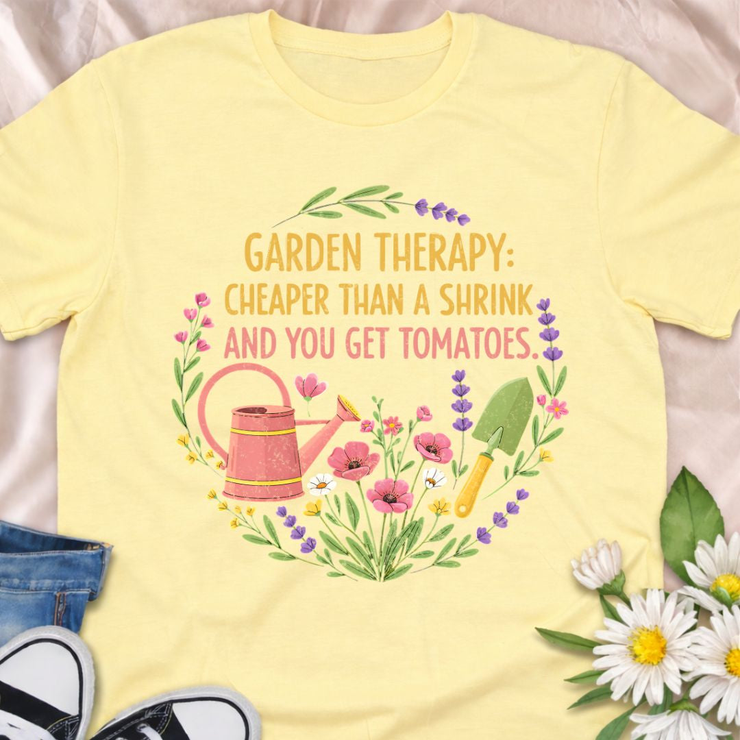 Garden therapy is cheaper than a shrink… and you get tomatoes. This funny gardening t-shirt is perfect for vegetable gardeners, flower lovers, and anyone who finds peace, therapy, and joy in the garden. A great gift for plant moms, green thumbs, and backyard growers who know that gardening really is the best self-care.