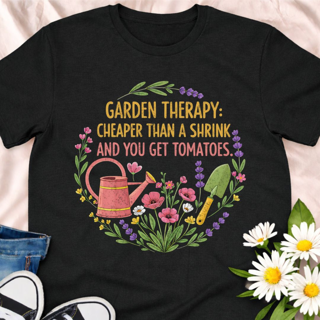 Garden therapy is cheaper than a shrink… and you get tomatoes. This funny gardening t-shirt is perfect for vegetable gardeners, flower lovers, and anyone who finds peace, therapy, and joy in the garden. A great gift for plant moms, green thumbs, and backyard growers who know that gardening really is the best self-care.
