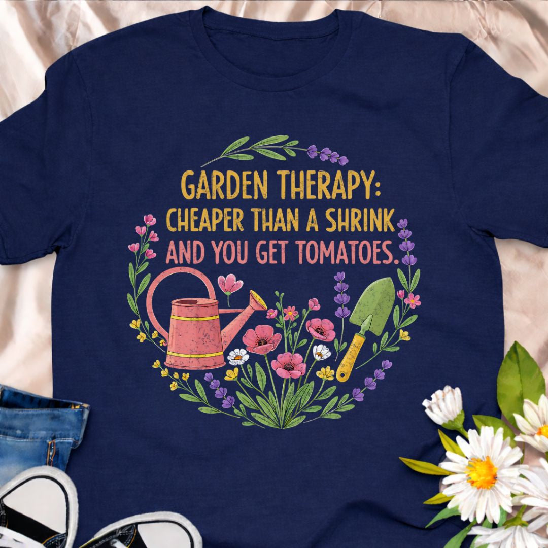 Garden therapy is cheaper than a shrink… and you get tomatoes. This funny gardening t-shirt is perfect for vegetable gardeners, flower lovers, and anyone who finds peace, therapy, and joy in the garden. A great gift for plant moms, green thumbs, and backyard growers who know that gardening really is the best self-care.