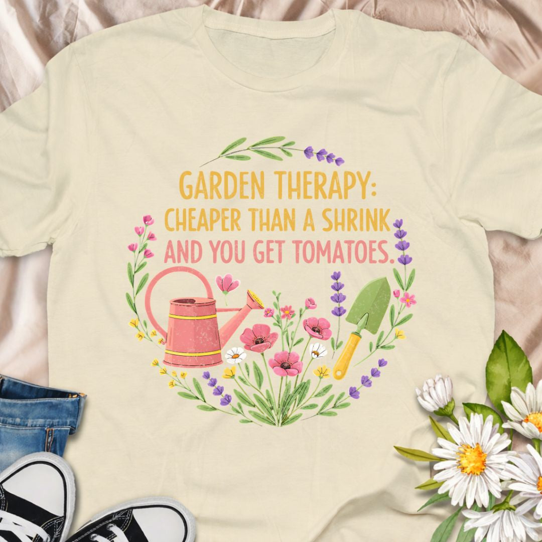 Garden therapy is cheaper than a shrink… and you get tomatoes. This funny gardening t-shirt is perfect for vegetable gardeners, flower lovers, and anyone who finds peace, therapy, and joy in the garden. A great gift for plant moms, green thumbs, and backyard growers who know that gardening really is the best self-care.