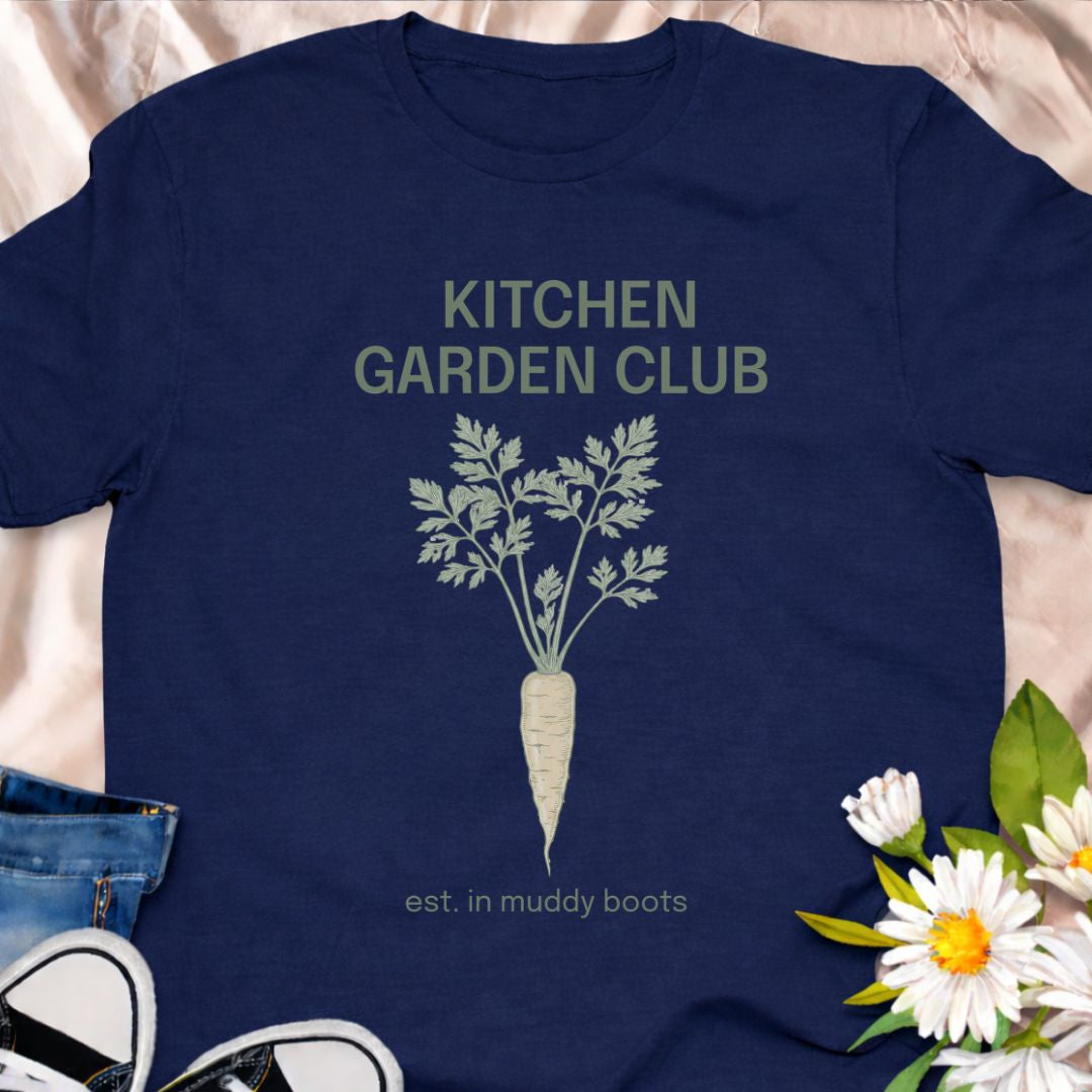 Join the Kitchen Garden Club with this botanical vegetable gardening t-shirt featuring a vintage carrot illustration and “est. in muddy boots.” Perfect for vegetable gardeners, homesteaders, and anyone who loves growing their own food. A thoughtful gift for gardeners, backyard growers, and kitchen garden enthusiasts.