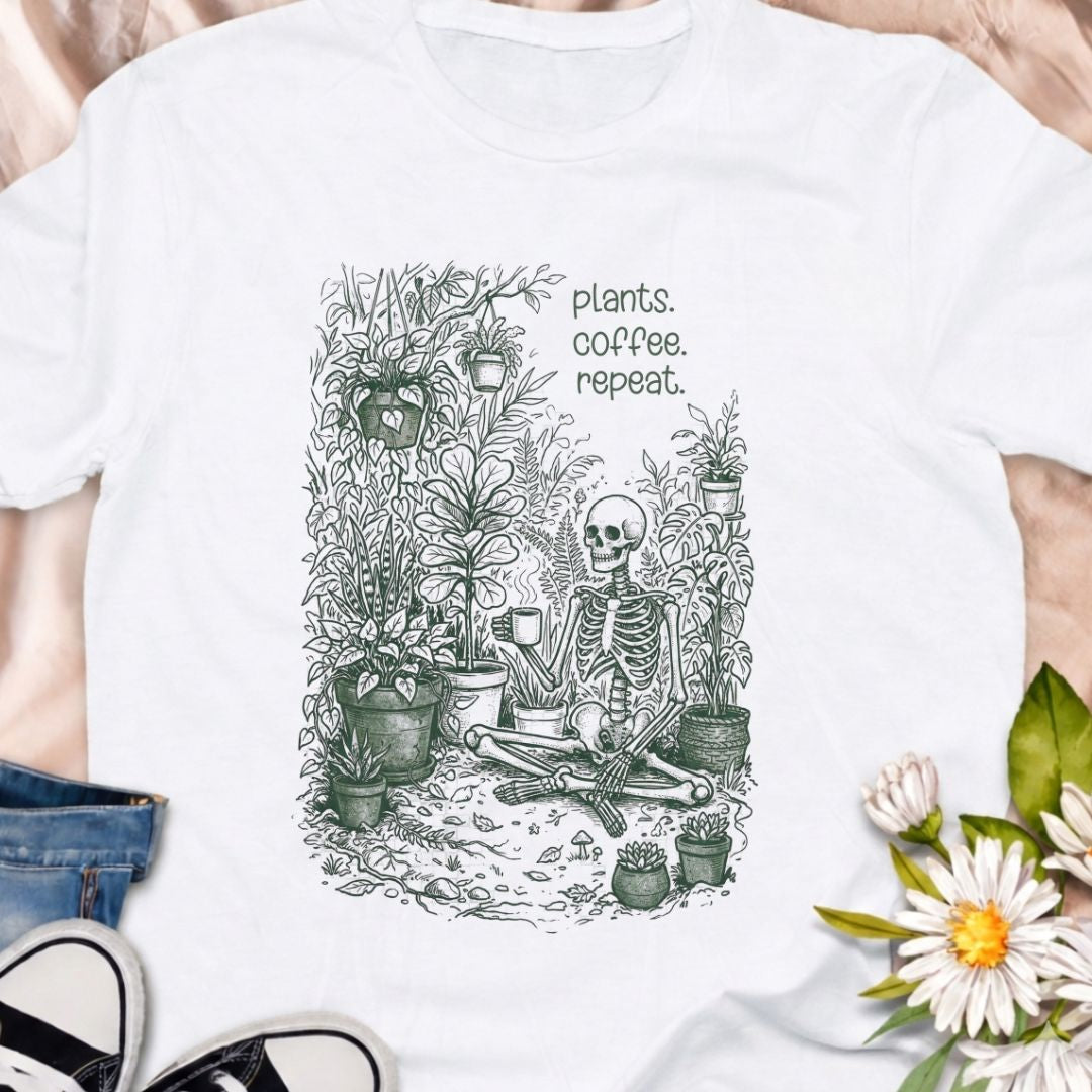 Plants. Coffee. Repeat. This funny skeleton plant lover t-shirt celebrates the daily routine of watering plants and sipping coffee. Perfect for houseplant collectors, gardeners, and plant moms who know the plant obsession never ends. A fun gift for plant lovers and indoor jungle enthusiasts.