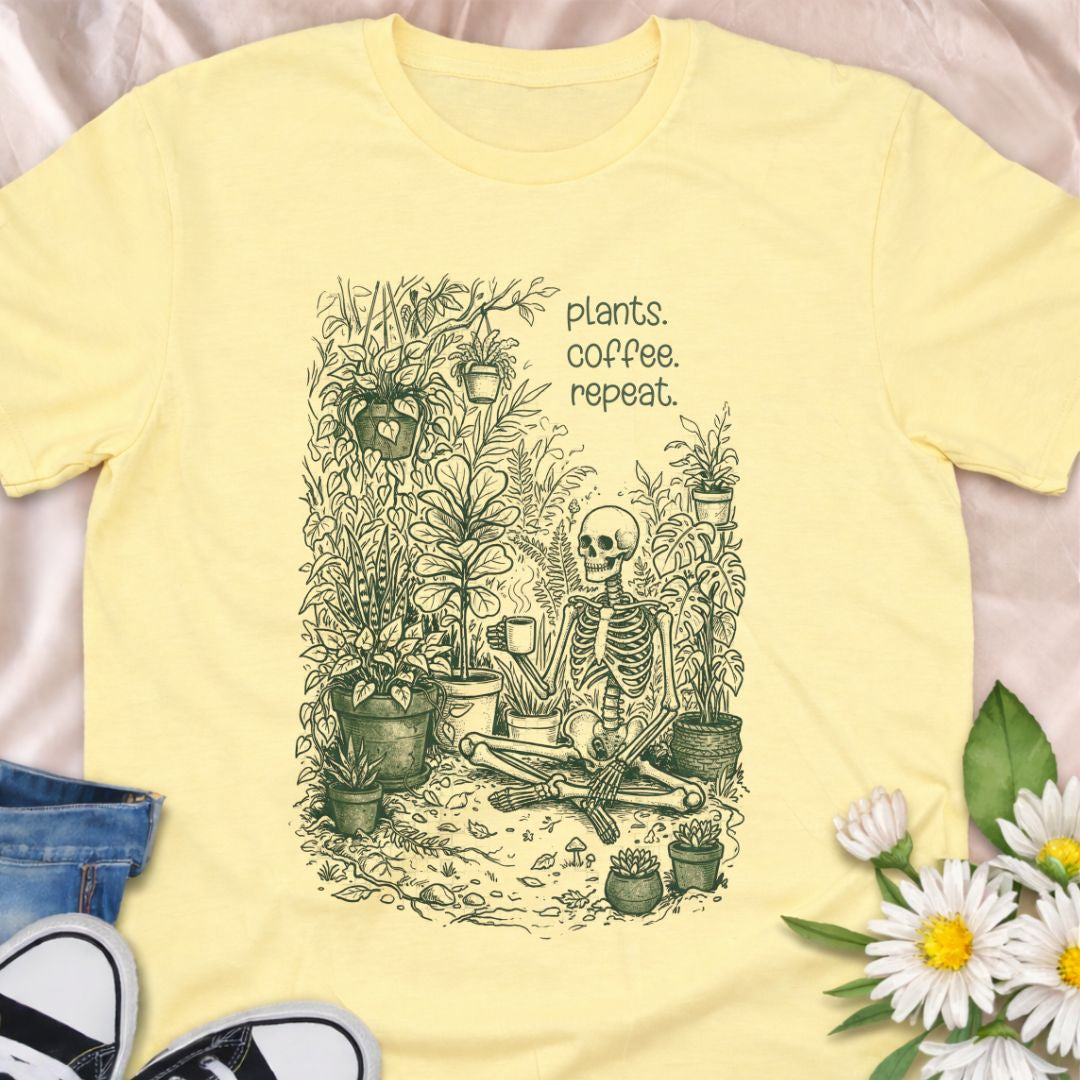 Plants. Coffee. Repeat. This funny skeleton plant lover t-shirt celebrates the daily routine of watering plants and sipping coffee. Perfect for houseplant collectors, gardeners, and plant moms who know the plant obsession never ends. A fun gift for plant lovers and indoor jungle enthusiasts.