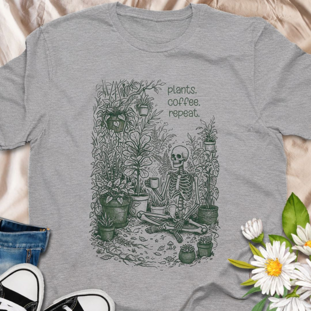 Plants. Coffee. Repeat. This funny skeleton plant lover t-shirt celebrates the daily routine of watering plants and sipping coffee. Perfect for houseplant collectors, gardeners, and plant moms who know the plant obsession never ends. A fun gift for plant lovers and indoor jungle enthusiasts.