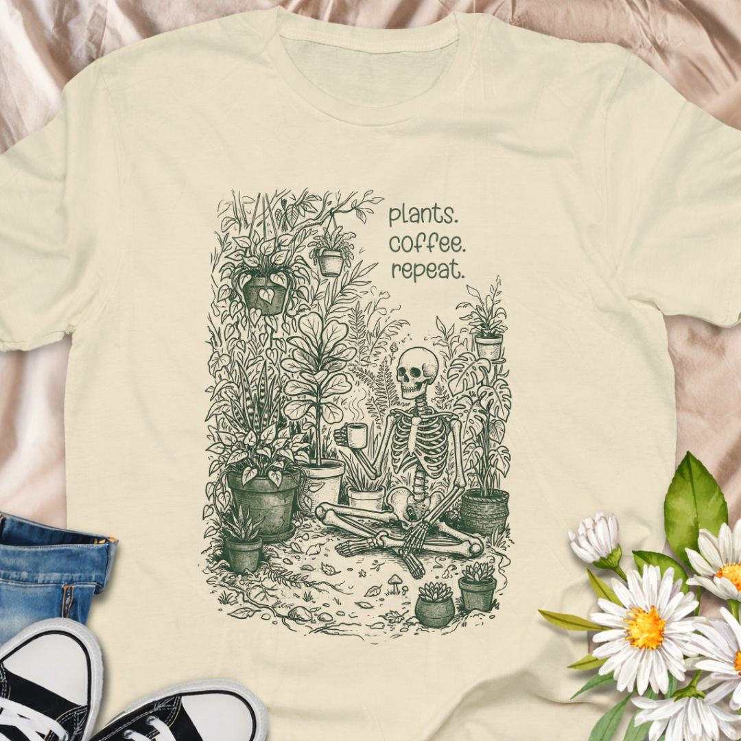 Plants. Coffee. Repeat. This funny skeleton plant lover t-shirt celebrates the daily routine of watering plants and sipping coffee. Perfect for houseplant collectors, gardeners, and plant moms who know the plant obsession never ends. A fun gift for plant lovers and indoor jungle enthusiasts.