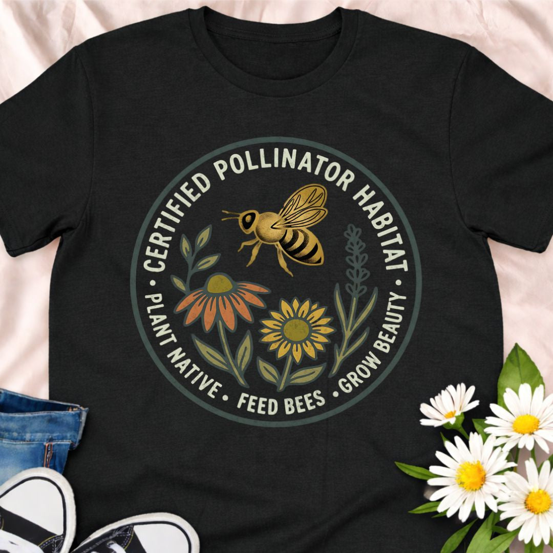 Show your support for bees and pollinators with this “Certified Pollinator Habitat” t-shirt. Perfect for gardeners who plant native flowers, support bees, and grow pollinator-friendly gardens. A beautiful eco-friendly gardening shirt for plant lovers and wildlife gardeners.